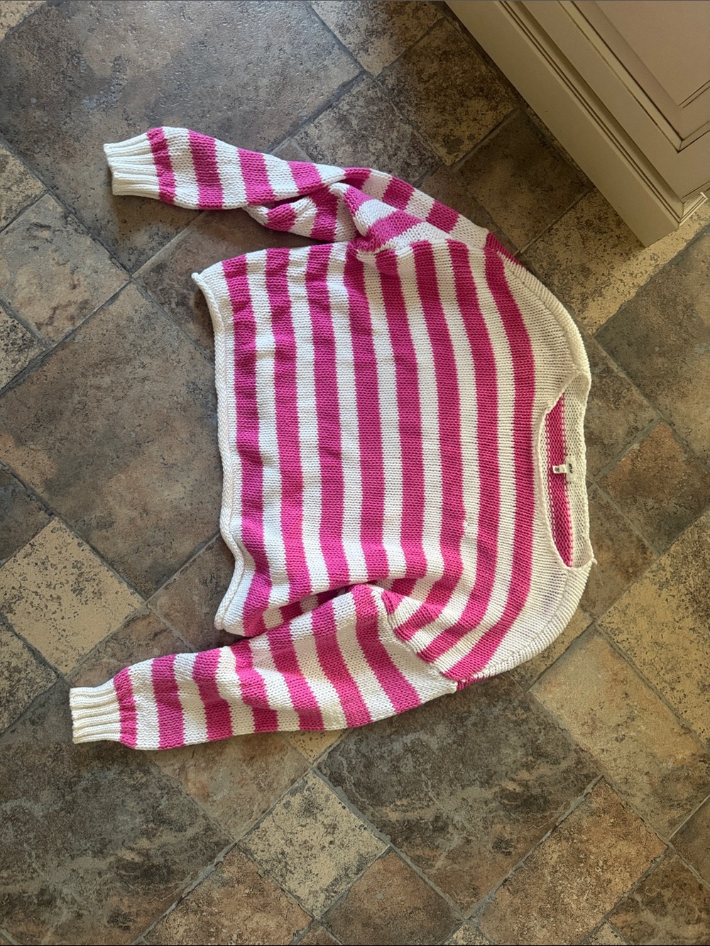 aerie Pink and White Striped Crewneck Sweater
